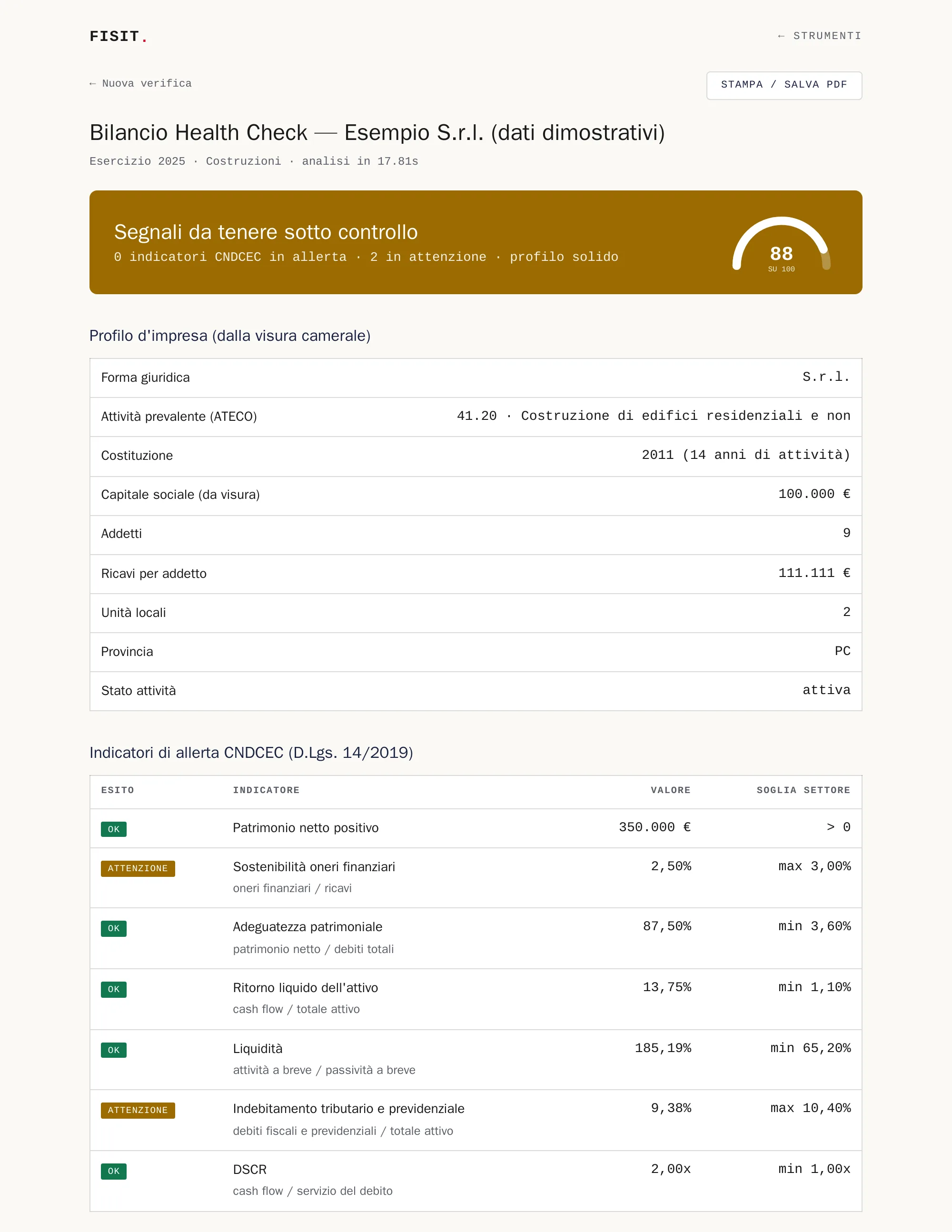 Report Bilancio Health Check di esempio: banner con esito e punteggio 88 su 100, profilo d'impresa dalla visura e tabella degli indicatori CNDCEC