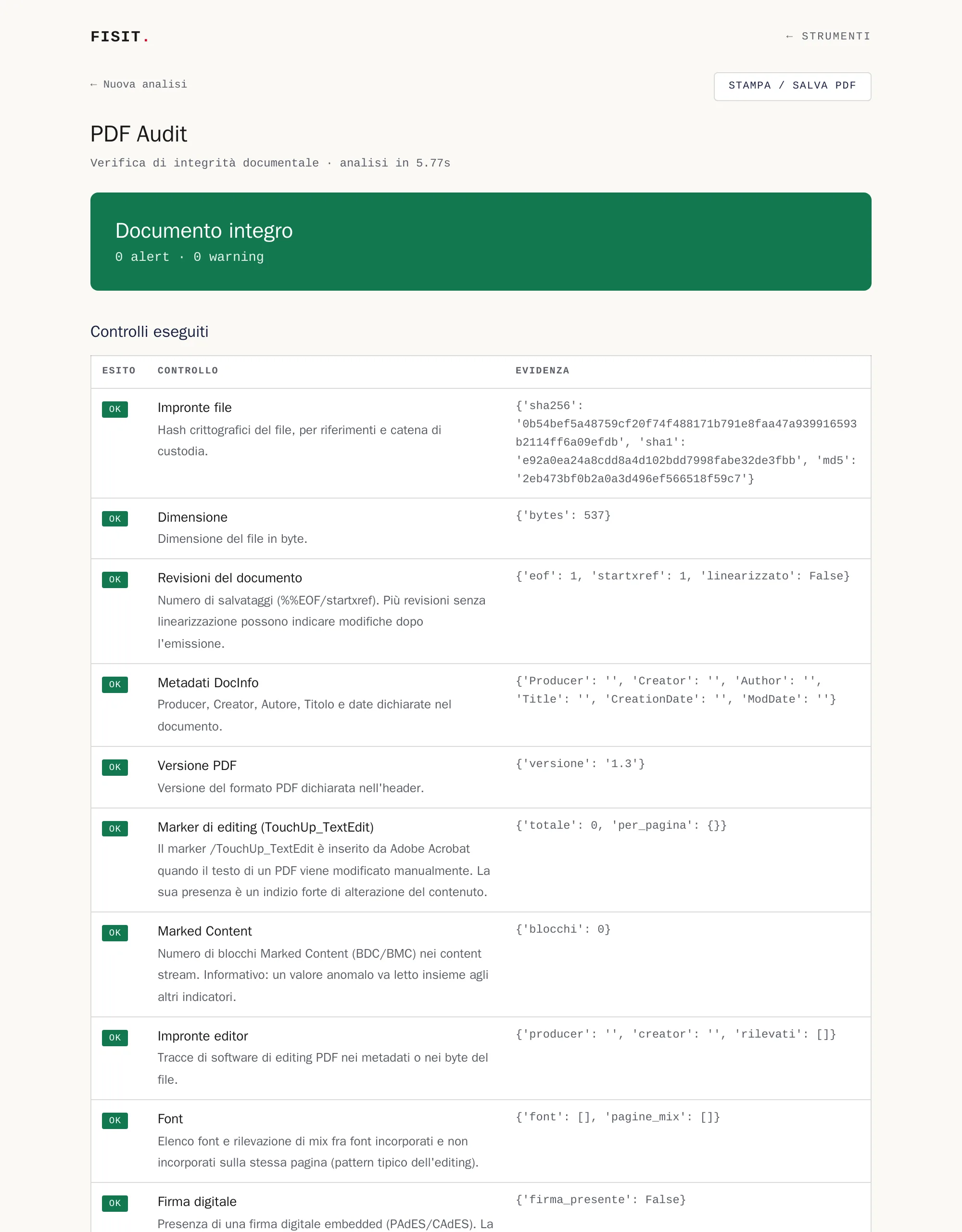 Responso PDF Audit di esempio: banner Documento integro e tabella dei controlli eseguiti con esito ed evidenza tecnica